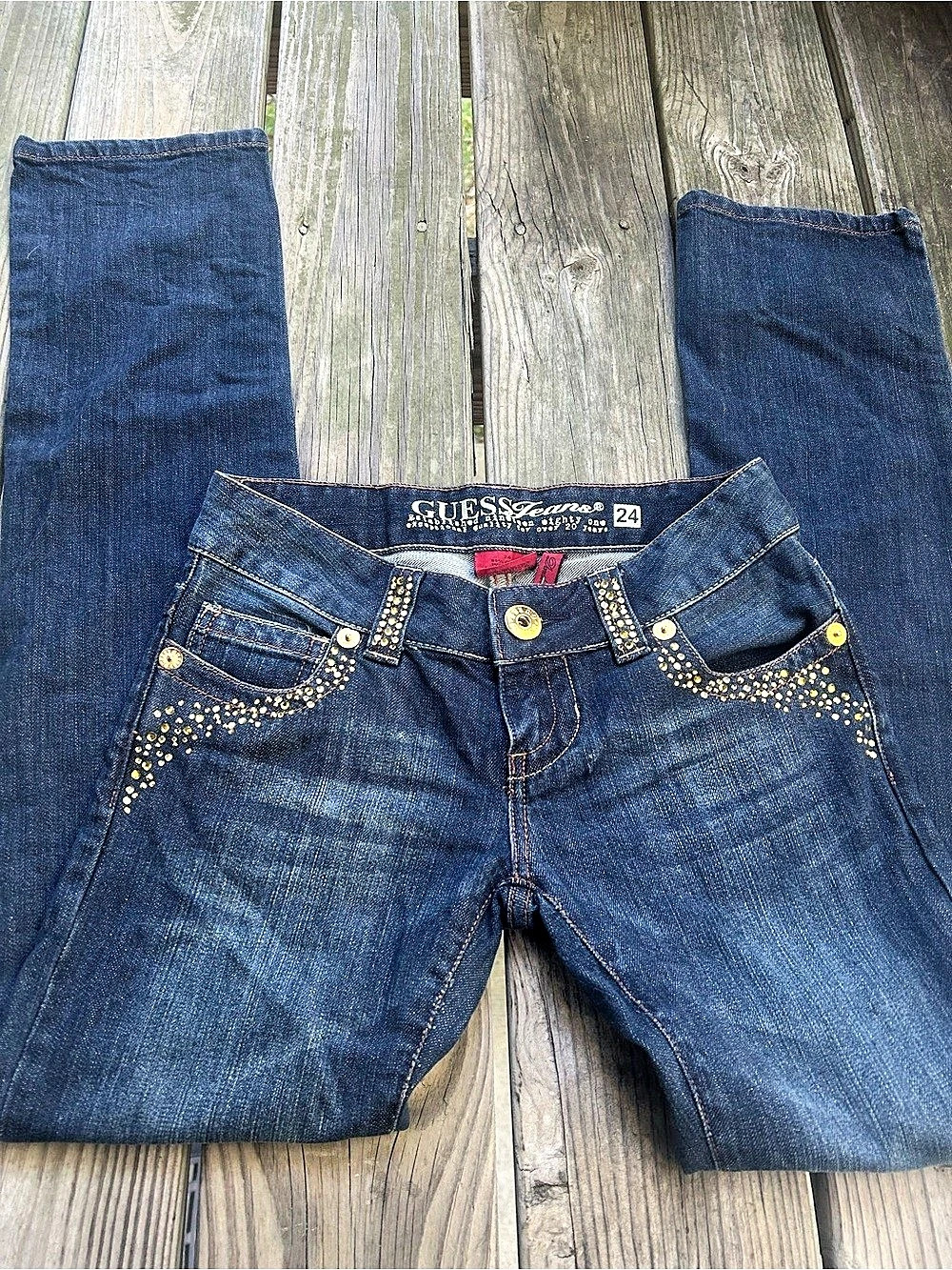 Vintage Y2K low rise GUESS Embellished Skinny Jeans in Blue Waist 24